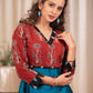 straight cut Firozi  Cotton Silk Kurta with hand embroidered mirror work Ajrakh Yoke and Sleeves