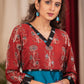 straight cut Firozi  Cotton Silk Kurta with hand embroidered mirror work Ajrakh Yoke and Sleeves