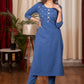 Straight Cut Self structured Blue Cotton Handloom Kurta with Graceful hand embroiderd yokee & Chanderi Dupatta - 2 Piece