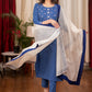Straight Cut Self structured Blue Cotton Handloom Kurta with Graceful hand embroiderd yokee & Chanderi Dupatta - 2 Piece