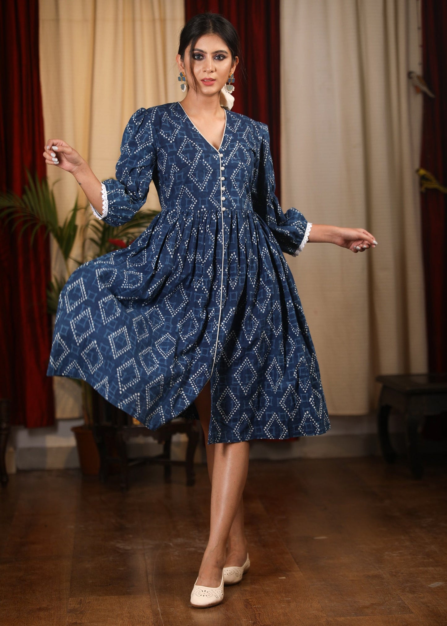 Exclusive indigo printed one piece dress