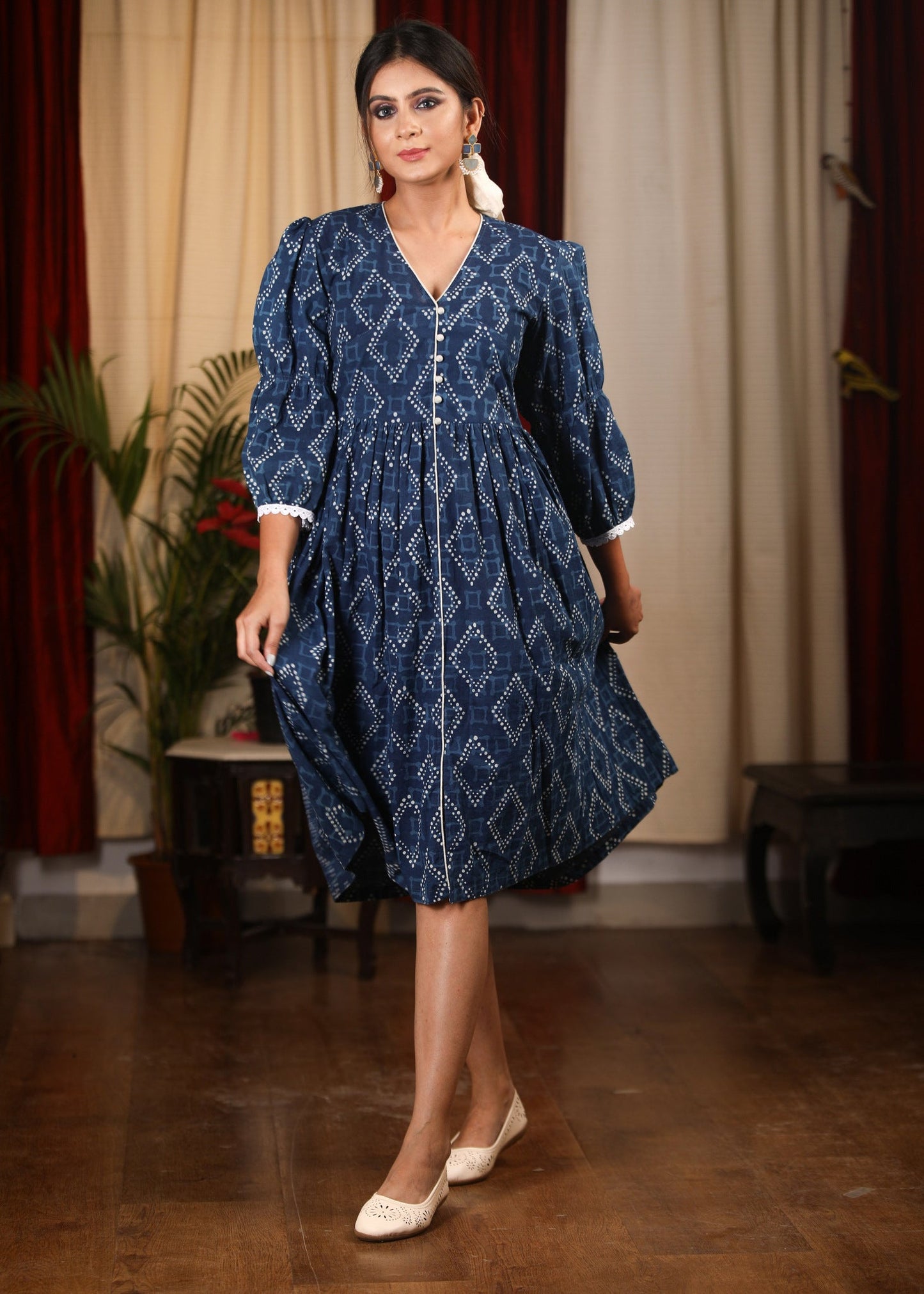 Exclusive indigo printed one piece dress