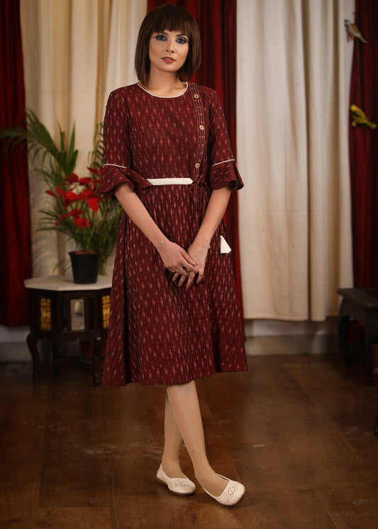 Exclusive maroon ikat designer one piece dress