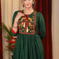Forest green satin dress with exclusive embroidered yoke