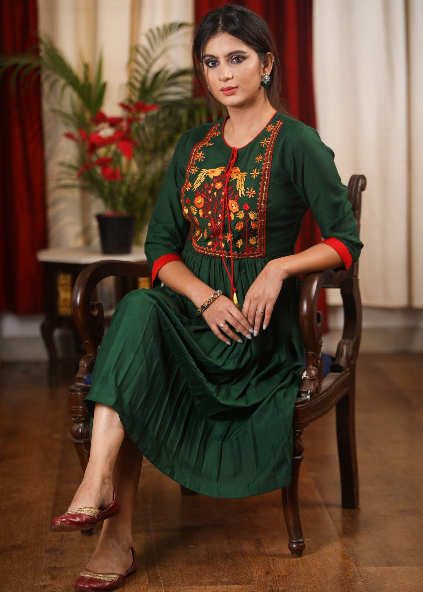 Forest green satin dress with exclusive embroidered yoke