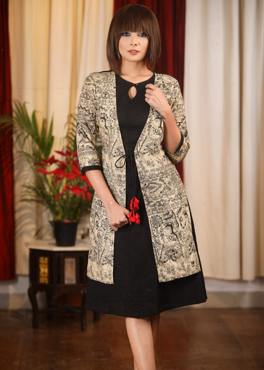 Exclusive black dress with Madhubani printed jacket