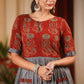 Grey & maroon Ajrakh block printed combination one piece dress