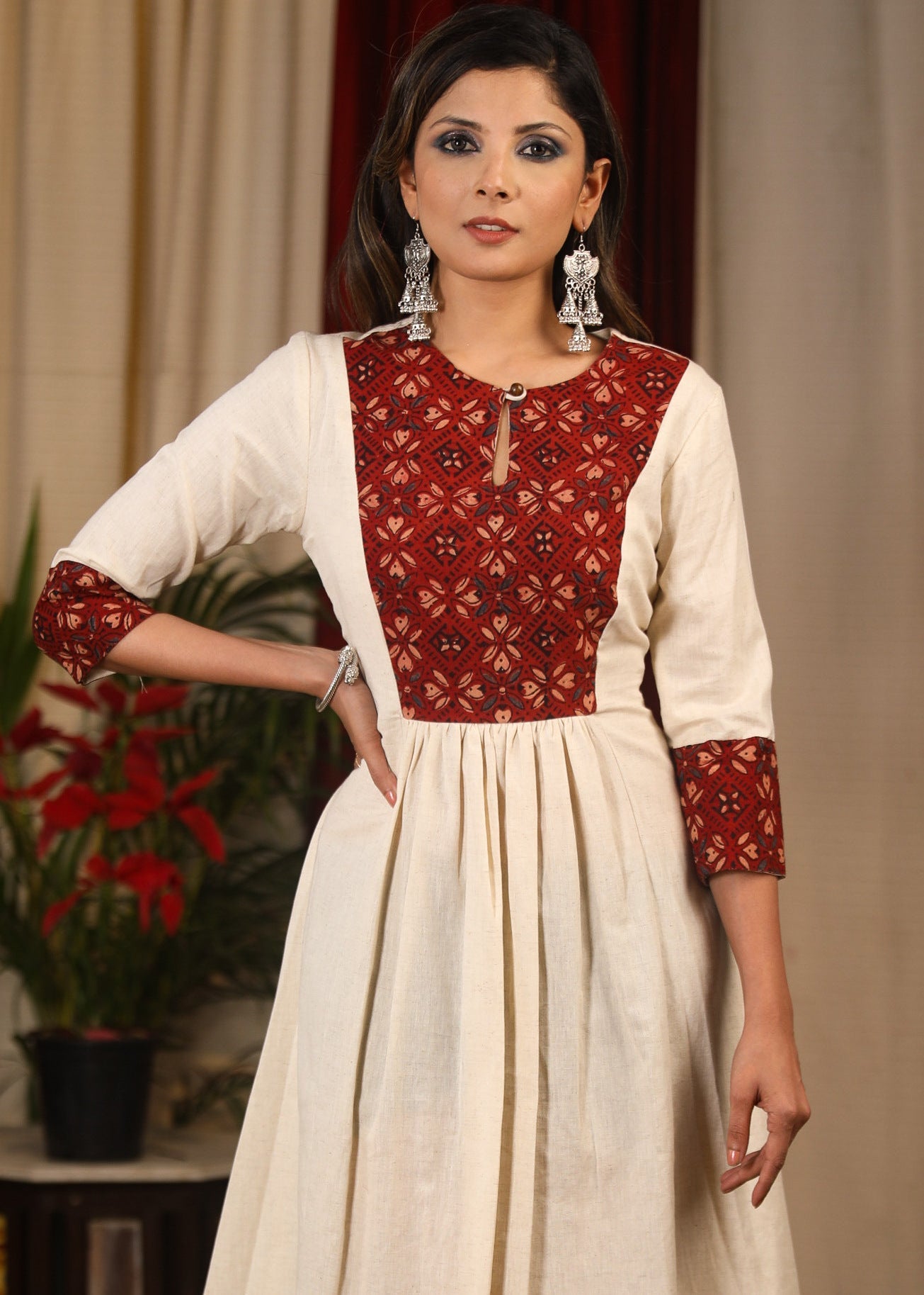 Off white cotton flex dress with Ajrakh block printed yoke