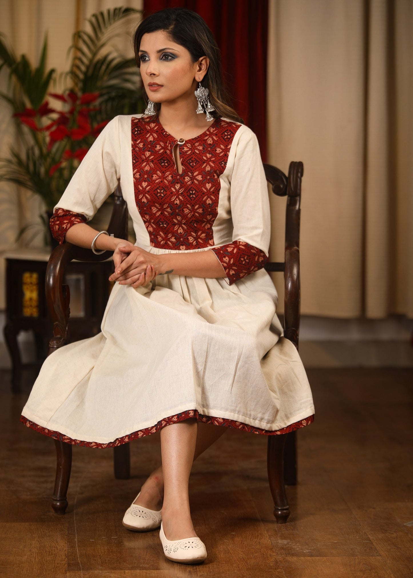 Off white cotton flex dress with Ajrakh block printed yoke