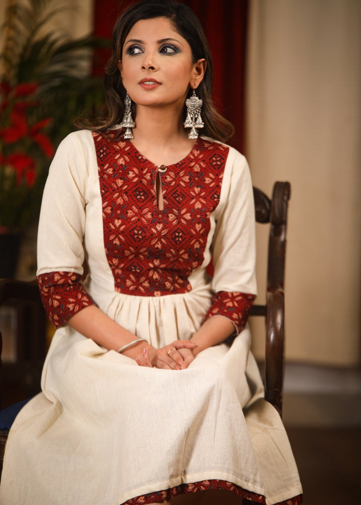 Off white cotton flex dress with Ajrakh block printed yoke