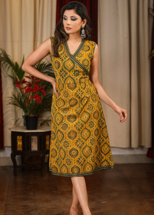 Exclusive overlapping mustard designer one piece Ajrakh dress