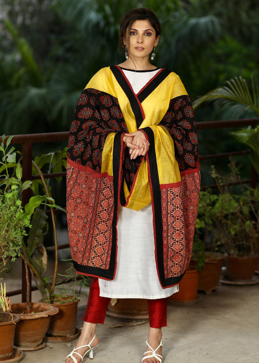 Yellow Chanderi Dupatta with Black and Maroon Ajrakh Fabric