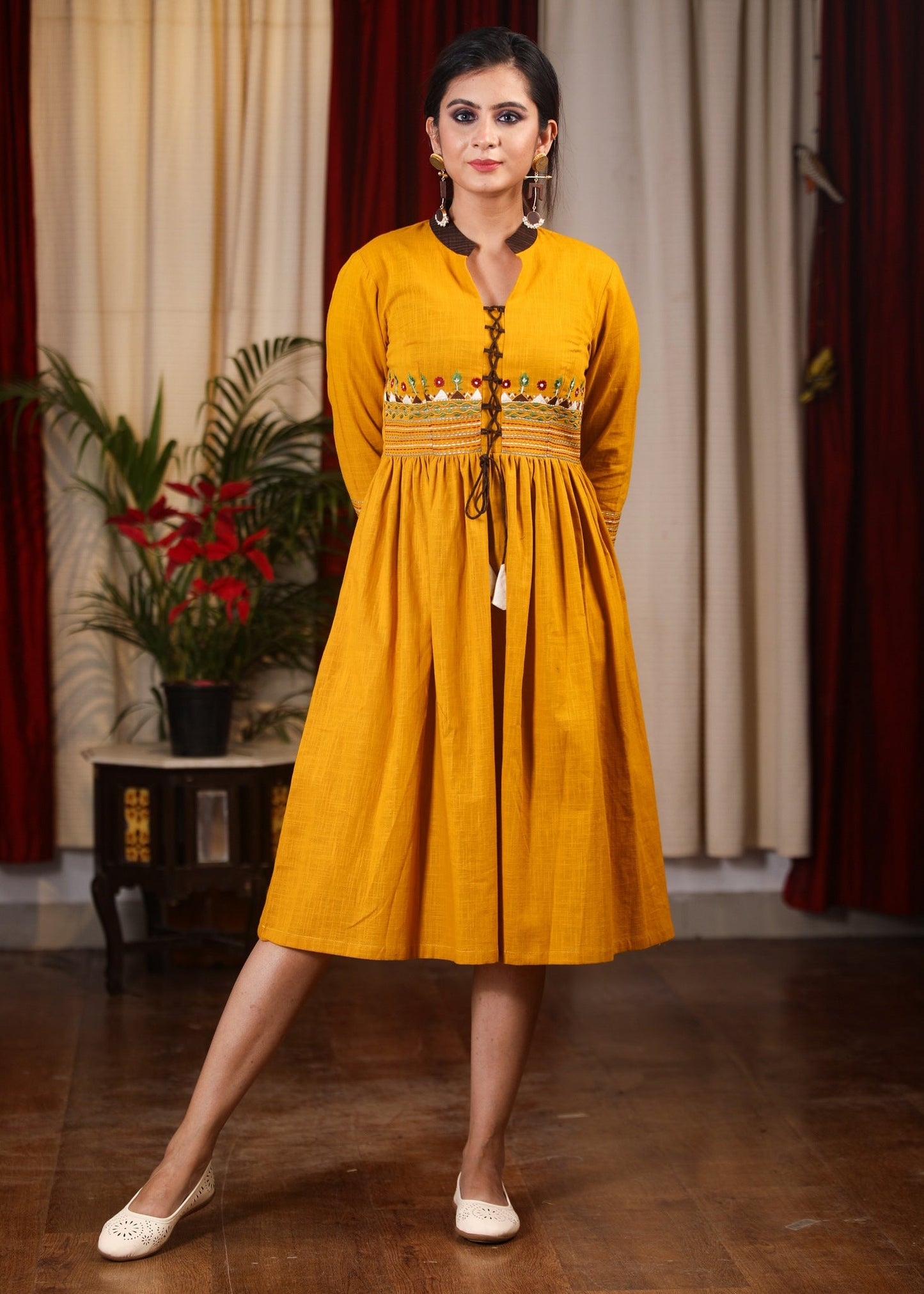 Mustard cotton dress with exclusive embroidery