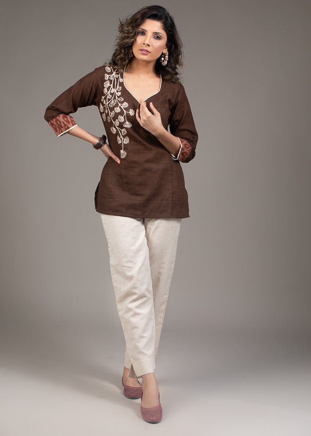 Brown cotton slub embroidered top