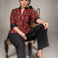 Maroon black Chinese collar roll up Ikat sleeve top