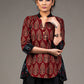 Maroon black Chinese collar roll up Ikat sleeve top