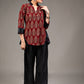 Maroon black Chinese collar roll up Ikat sleeve top