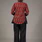 Maroon black Chinese collar roll up Ikat sleeve top