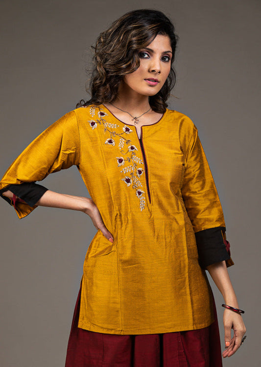 Exclusive mustard cotton top with hand embroidered zardosi embroidery