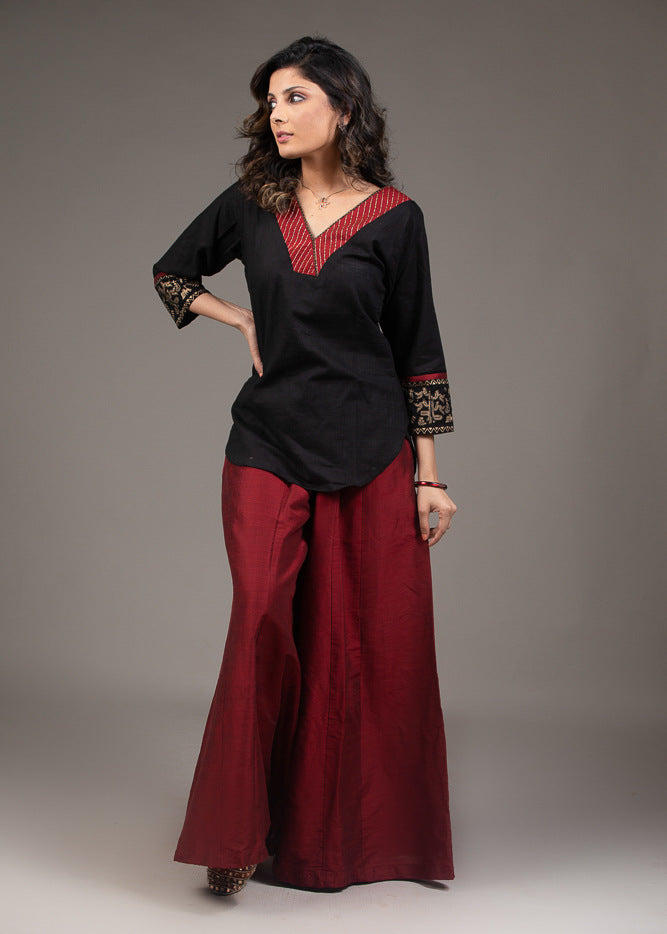 Hand embroidered zardozi maroon collar cotton silk top