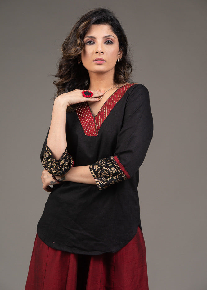 Hand embroidered zardozi maroon collar cotton silk top