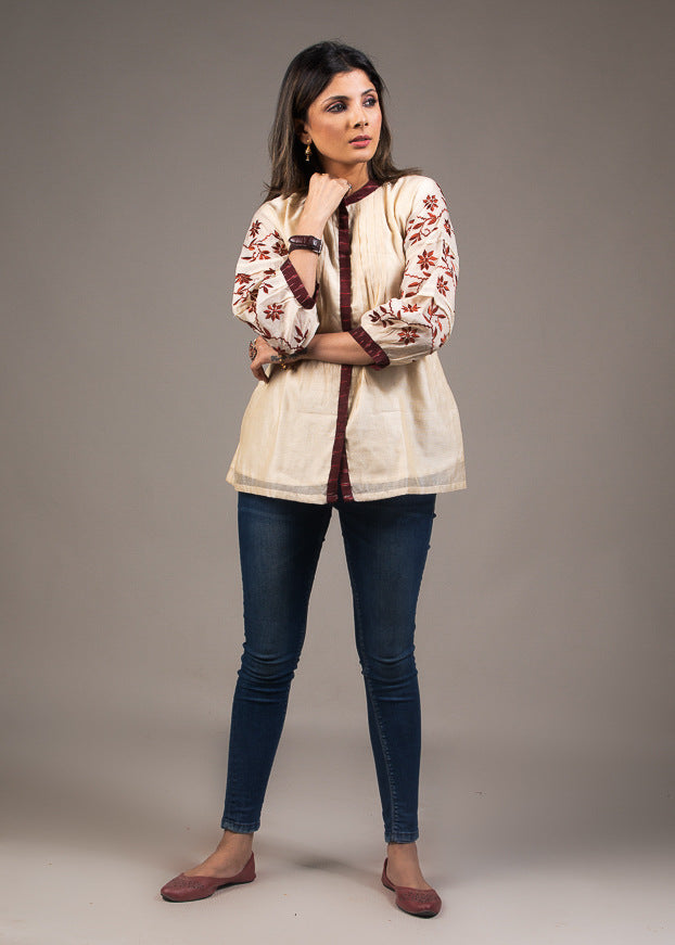 Beige chanderi top with embroidered puff sleeves & lining