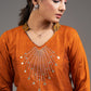 Zardosi hand embroidered mirror work rust cotton silk top