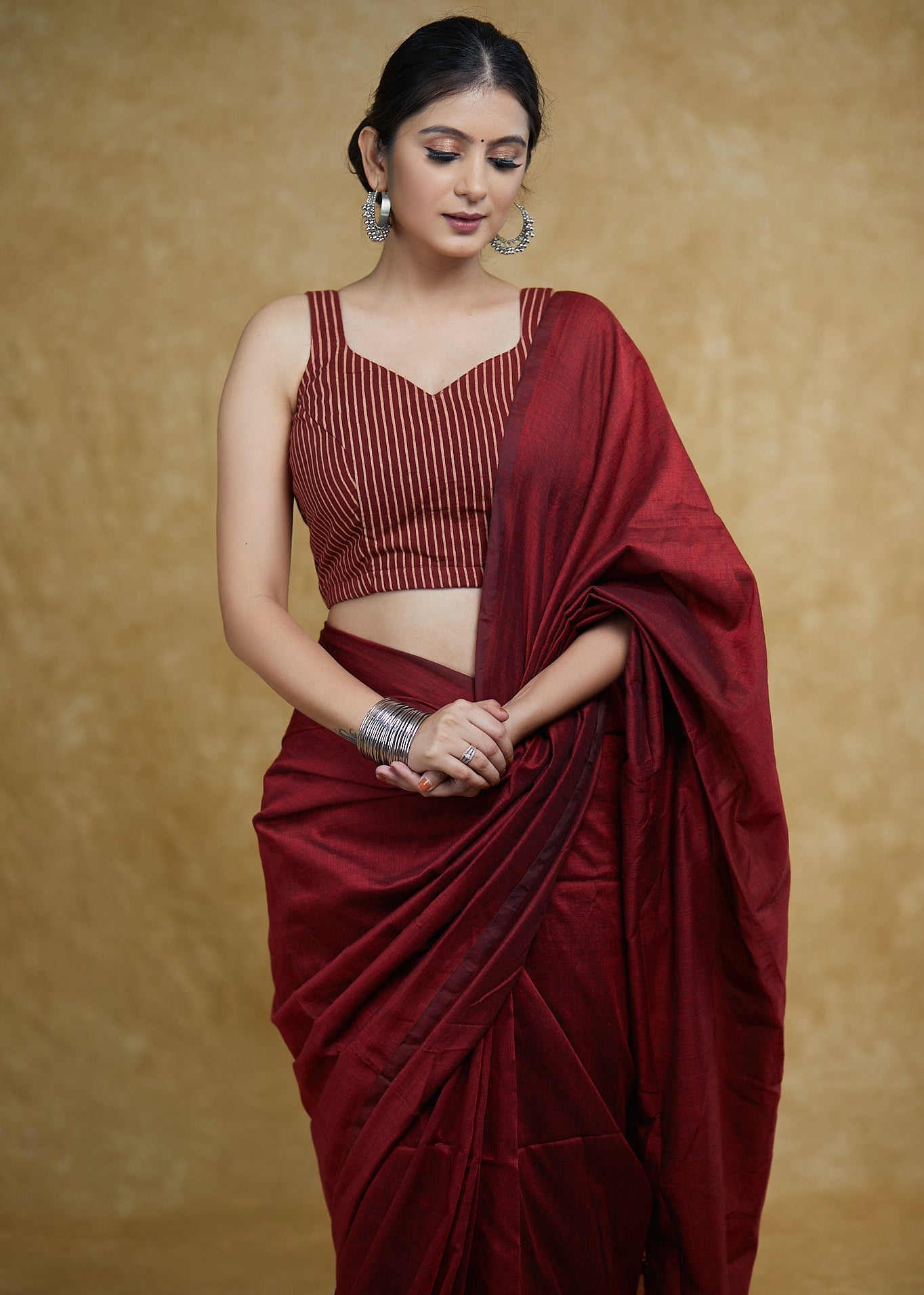 Smart Maroon Cotton Stripe Ajrakh Sleeveless Blouse with Dori