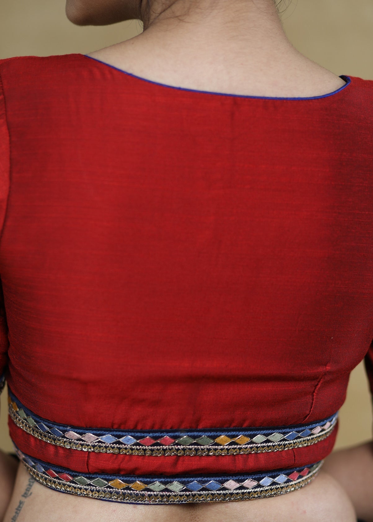 Classic Maroon Cotton Silk Blouse with Blue Lace Detailing and Blue Buttons