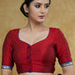 Classic Maroon Cotton Silk Blouse with Blue Lace Detailing and Blue Buttons