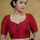 Classic Maroon Cotton Silk Blouse with Blue Lace Detailing and Blue Buttons
