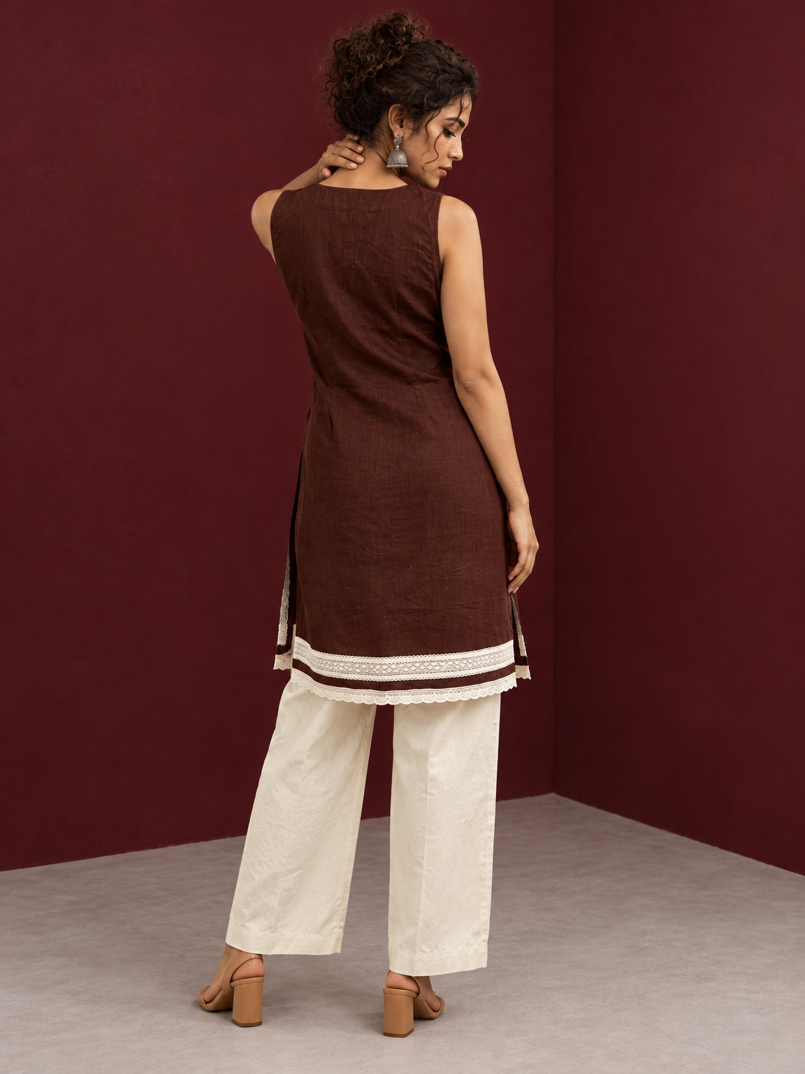 Timeless Brown Cotton Sleeveless Tunic with Notched V-Neck Button Placket & Contrast Lace Hem Border — back view