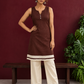 Timeless Brown Cotton Sleeveless Tunic with Notched V-Neck Button Placket & Contrast Lace Hem Border — front view