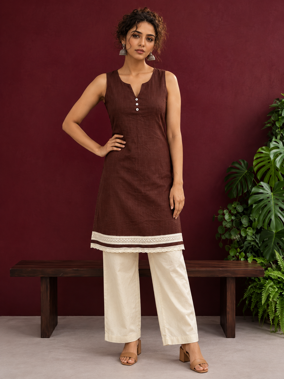 Timeless Brown Cotton Sleeveless Tunic with Notched V-Neck Button Placket & Contrast Lace Hem Border — front view