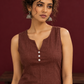 Timeless Brown Cotton Sleeveless Tunic with Notched V-Neck Button Placket & Contrast Lace Hem Border — fabric detail