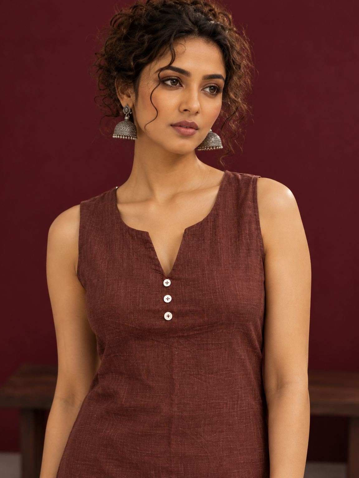Timeless Brown Cotton Sleeveless Tunic with Notched V-Neck Button Placket & Contrast Lace Hem Border — fabric detail