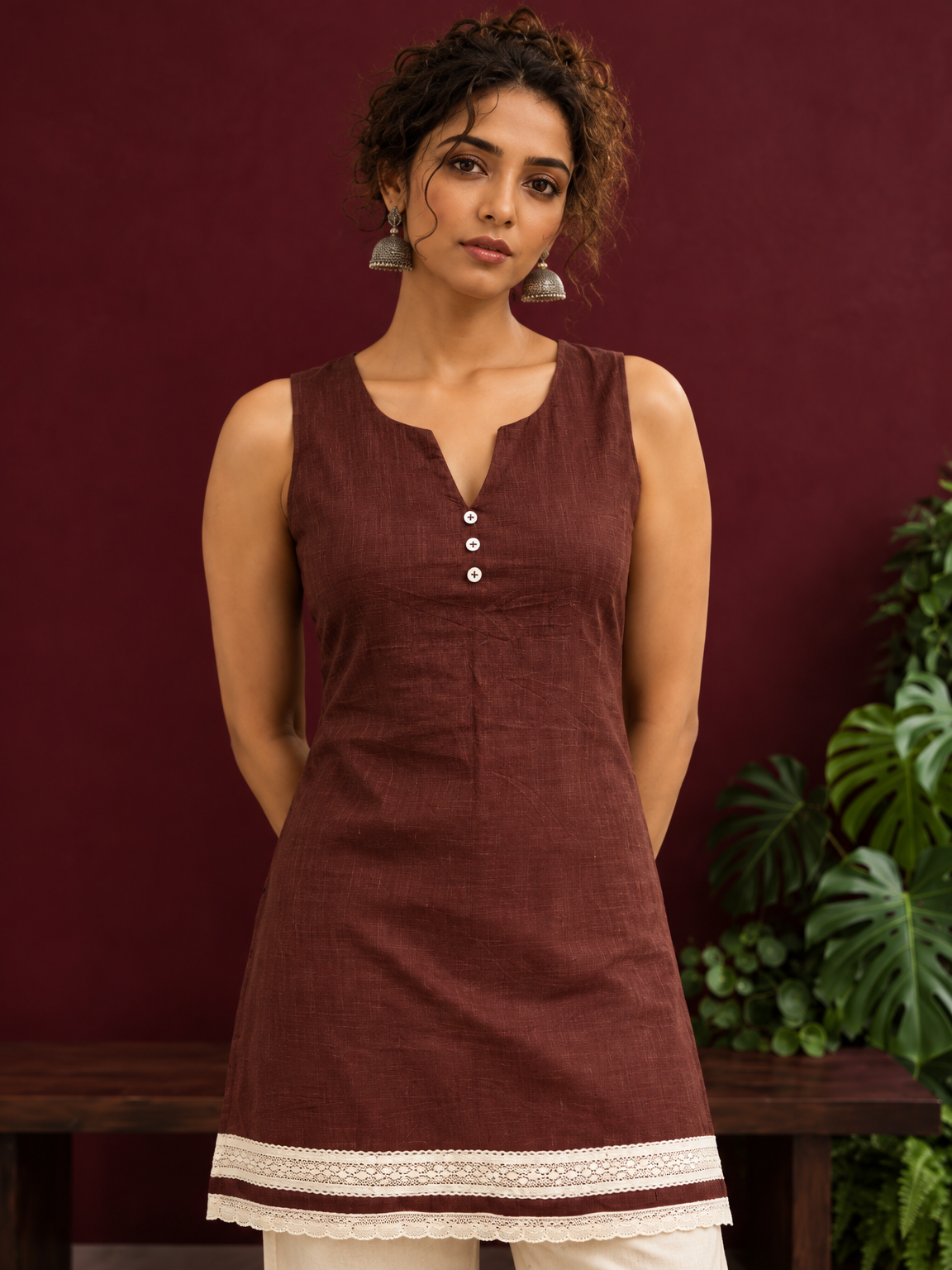 Timeless Brown Cotton Sleeveless Tunic with Notched V-Neck Button Placket & Contrast Lace Hem Border — styled view
