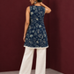 Navy Blue Batik Print Cotton Tunic with Ivory Lace Hemline & Mother-of-Pearl Button Placket — back view