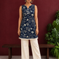 Navy Blue Batik Print Cotton Tunic with Ivory Lace Hemline & Mother-of-Pearl Button Placket — front view
