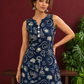 Navy Blue Batik Print Cotton Tunic with Ivory Lace Hemline & Mother-of-Pearl Button Placket — styled view