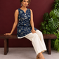 Navy Blue Batik Print Cotton Tunic with Ivory Lace Hemline & Mother-of-Pearl Button Placket — seated