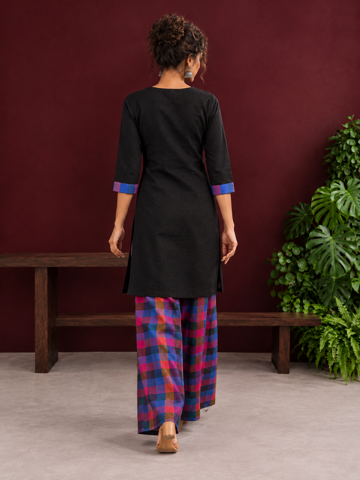 Timeless Black Cotton Kurta with Contrast Checkered Yoke Panel — back view