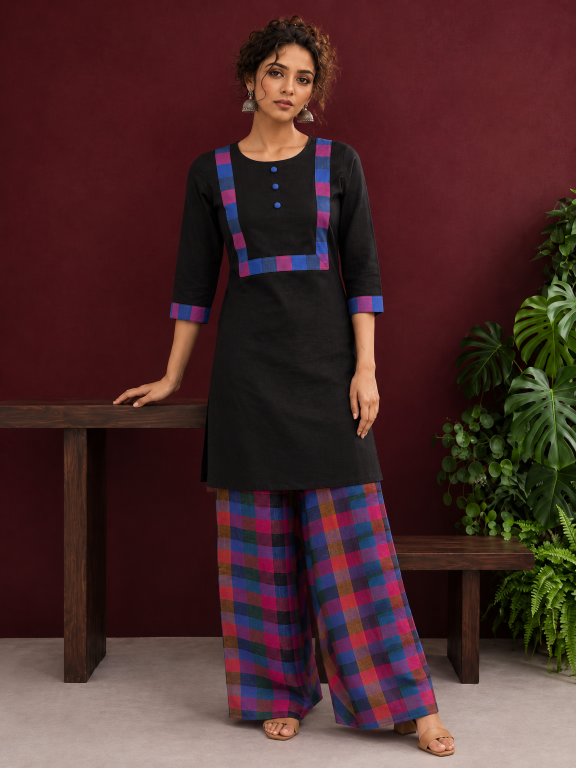 Timeless Black Cotton Kurta with Contrast Checkered Yoke Panel — front view