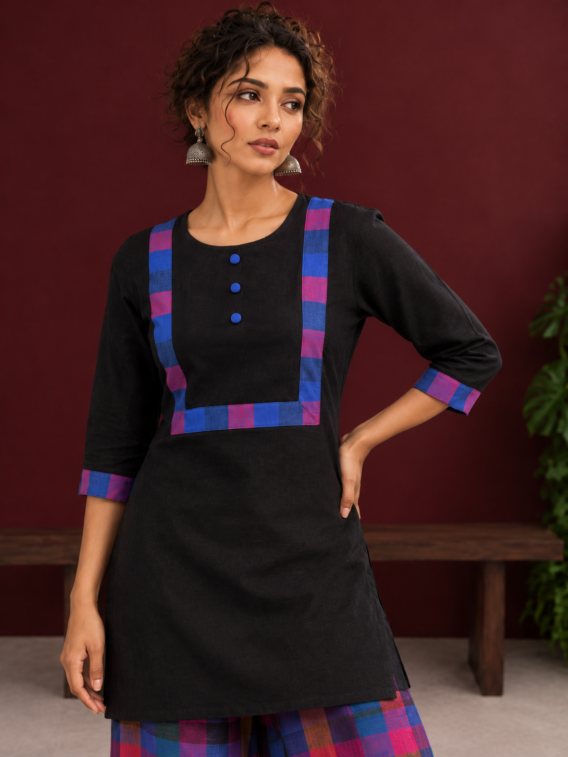 Timeless Black Cotton Kurta with Contrast Checkered Yoke Panel — fabric detail