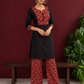 Classic Black Cotton Kurta with Maroon Ajrakh Print Yoke & Coordinated Sleeve Cuffs — front view