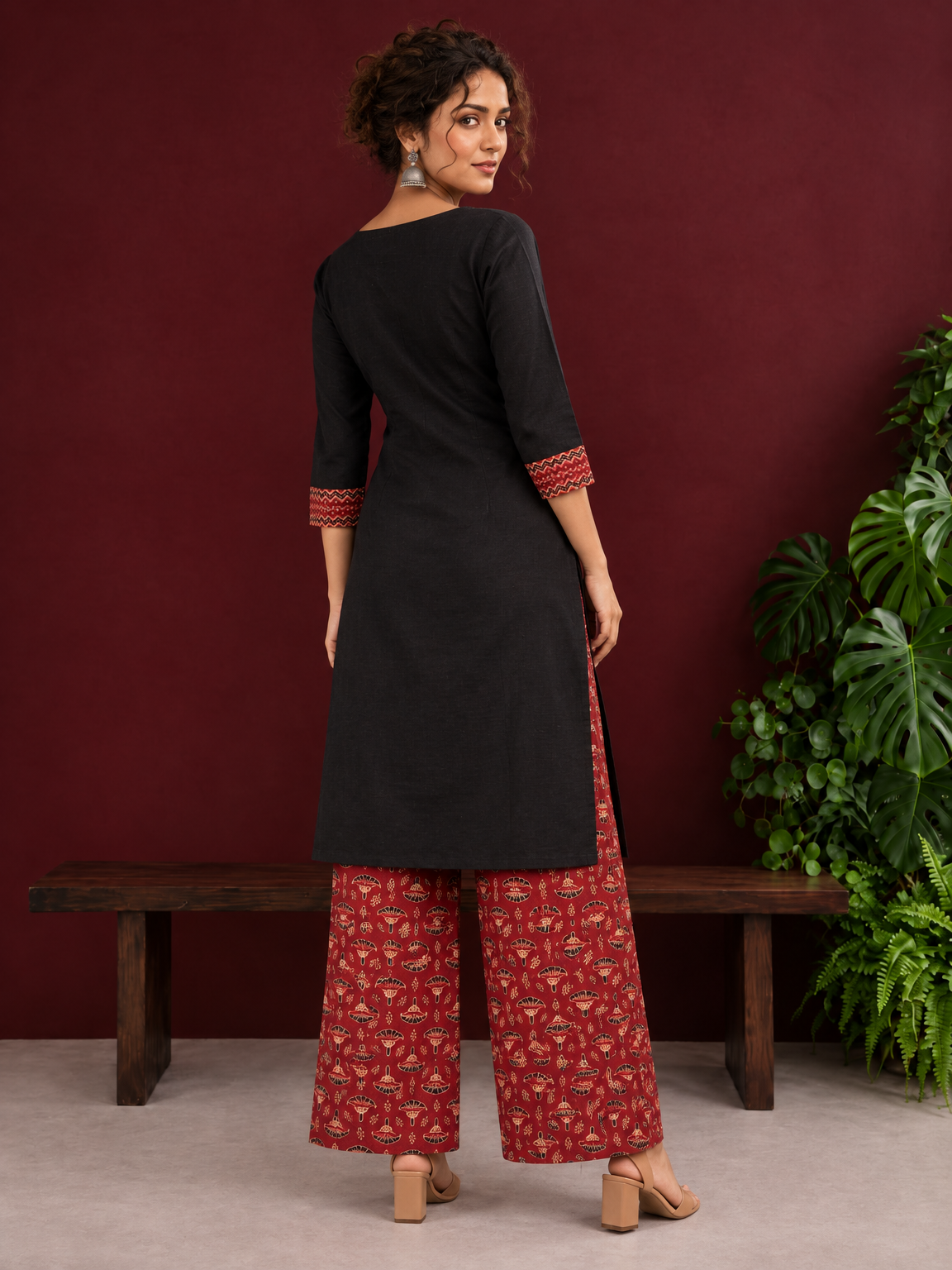 Classic Black Cotton Kurta with Maroon Ajrakh Print Yoke & Coordinated Sleeve Cuffs — back view