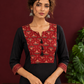 Classic Black Cotton Kurta with Maroon Ajrakh Print Yoke & Coordinated Sleeve Cuffs — fabric detail
