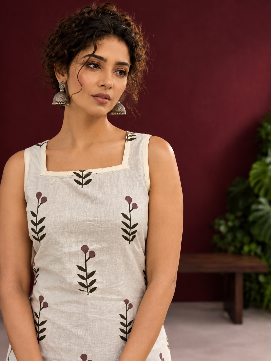 Off-White Cotton Kurta with Floral Leaf Block Print and Square Neck Contrast Trim — fabric detail