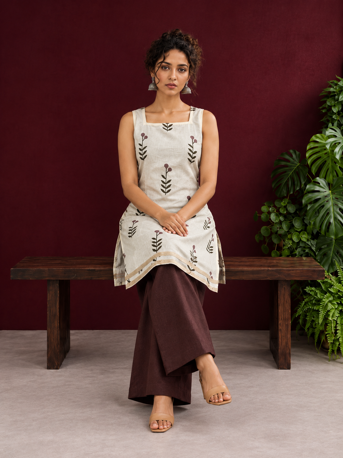 Off-White Cotton Kurta with Floral Leaf Block Print and Square Neck Contrast Trim — seated