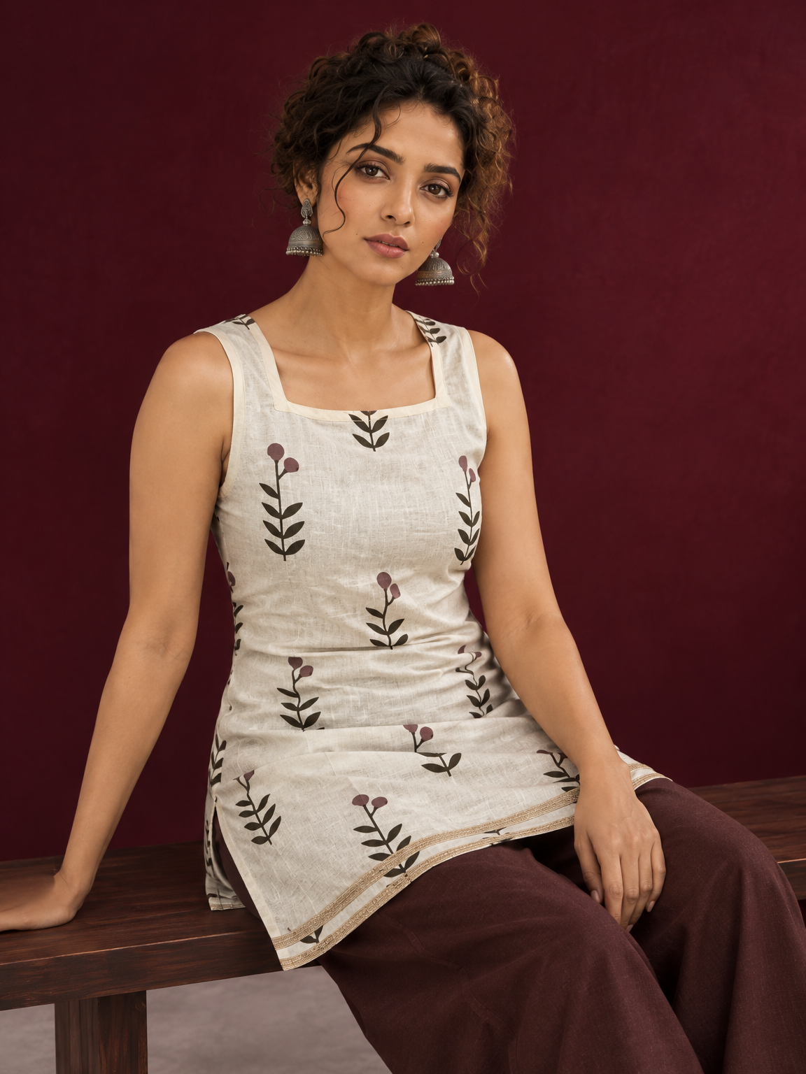 Off-White Cotton Kurta with Floral Leaf Block Print and Square Neck Contrast Trim — seated detail
